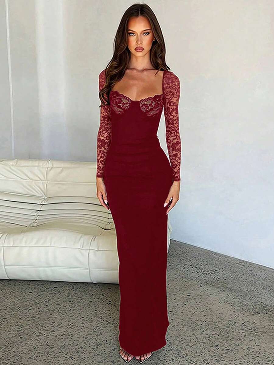 Fashionable Fitted Dress with Lace Patchwork and Long Sleeves