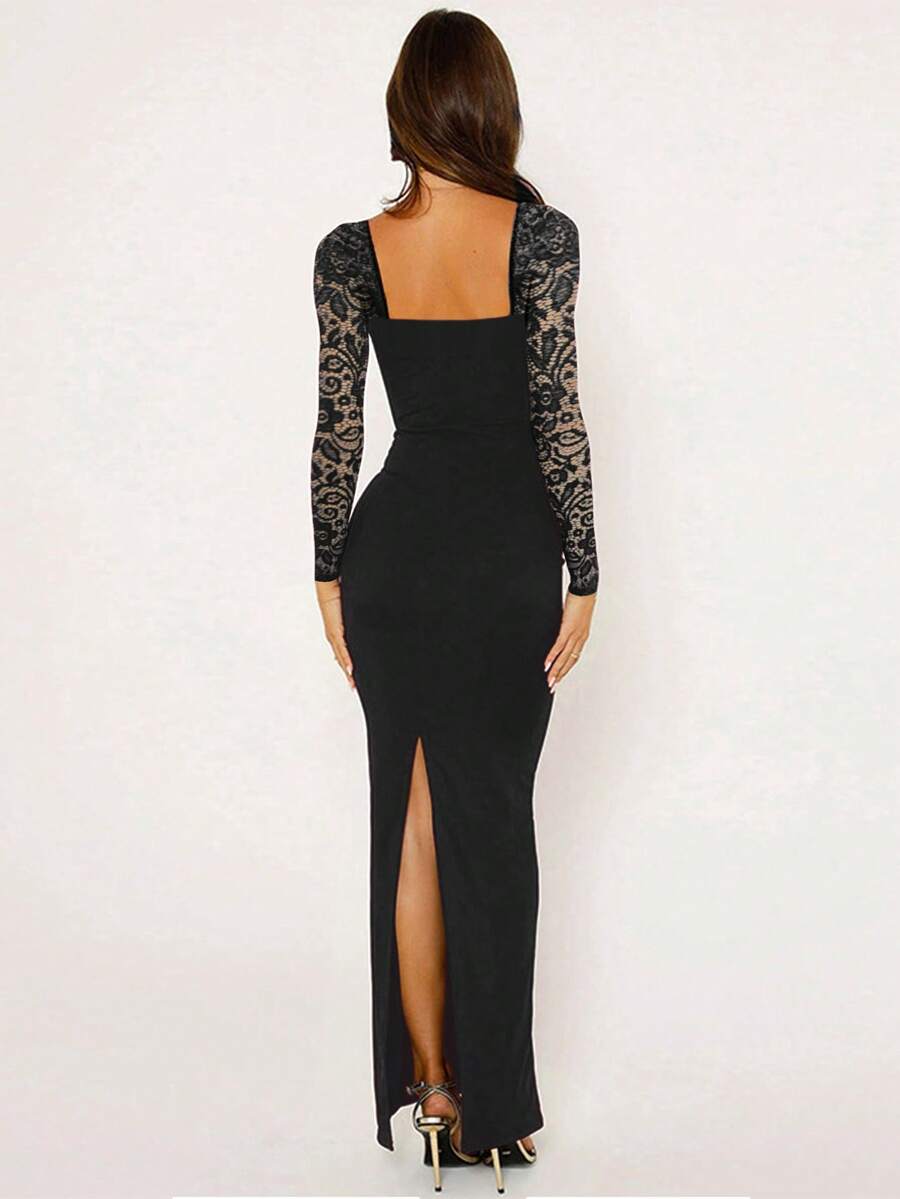 Fashionable Fitted Dress with Lace Patchwork and Long Sleeves