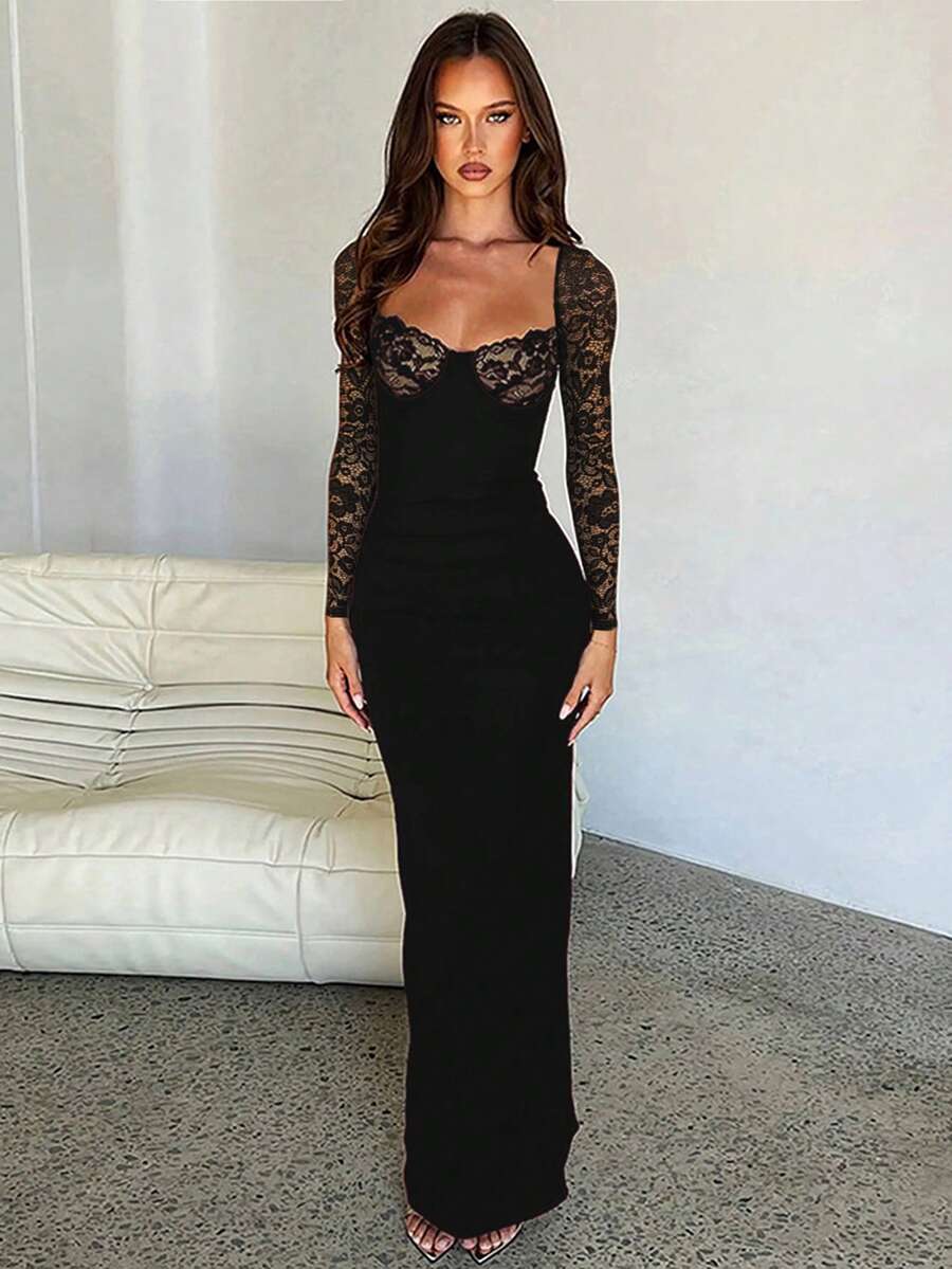 Fashionable Fitted Dress with Lace Patchwork and Long Sleeves