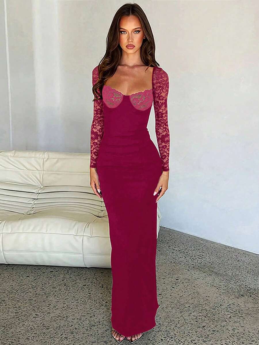 Fashionable Fitted Dress with Lace Patchwork and Long Sleeves