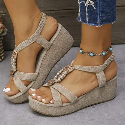 Dames Bohemian Stijl, Wedgesandalen met Dikke Zool en Kralenbandjes, 7 cm Hiel.