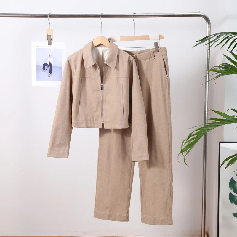 Casual Hosen Set Frauen Baumwolle Leinen Revers Reißverschlüsse Crop Top Gerade Hosen Sets Dame 2025, Herbst Solide Anzug Frau Streetwear