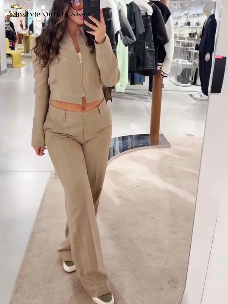 Casual Hosen Set Frauen Baumwolle Leinen Revers Reißverschlüsse Crop Top Gerade Hosen Sets Dame 2025, Herbst Solide Anzug Frau Streetwear