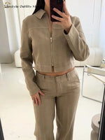 Casual Hosen Set Frauen Baumwolle Leinen Revers Reißverschlüsse Crop Top Gerade Hosen Sets Dame 2025, Herbst Solide Anzug Frau Streetwear