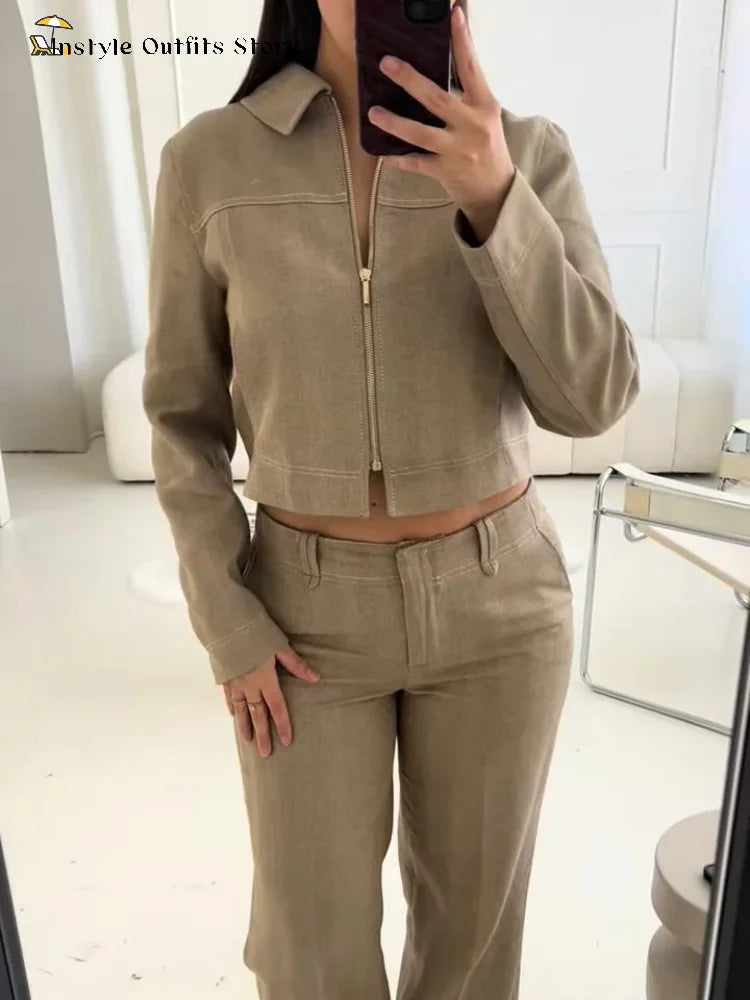 Casual Hosen Set Frauen Baumwolle Leinen Revers Reißverschlüsse Crop Top Gerade Hosen Sets Dame 2025, Herbst Solide Anzug Frau Streetwear