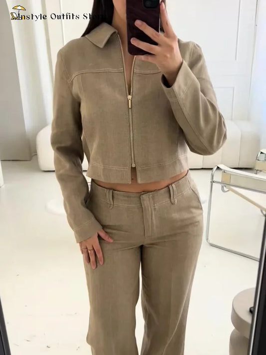 Casual Hosen Set Frauen Baumwolle Leinen Revers Reißverschlüsse Crop Top Gerade Hosen Sets Dame 2025, Herbst Solide Anzug Frau Streetwear