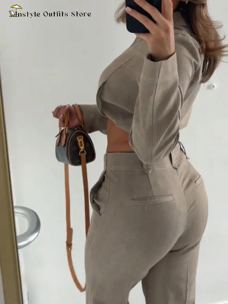 Casual Hosen Set Frauen Baumwolle Leinen Revers Reißverschlüsse Crop Top Gerade Hosen Sets Dame 2025, Herbst Solide Anzug Frau Streetwear