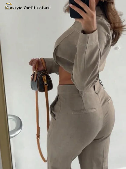 Casual Hosen Set Frauen Baumwolle Leinen Revers Reißverschlüsse Crop Top Gerade Hosen Sets Dame 2025, Herbst Solide Anzug Frau Streetwear