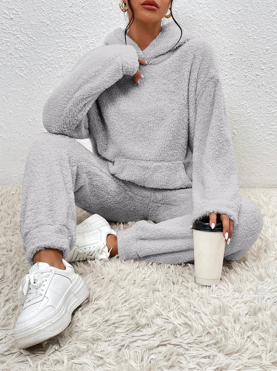 Autumn Winter Fashion Women Casual Hooded Sweatshirt Leg Pants 2 Piece Set Warm Furry Plush Trousers Suit Female Outfit