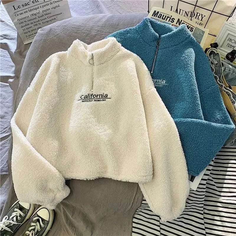 Lamb Velvet Zipper Hoodie Women