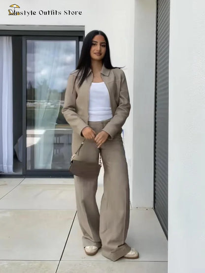 Casual Hosen Set Frauen Baumwolle Leinen Revers Reißverschlüsse Crop Top Gerade Hosen Sets Dame 2025, Herbst Solide Anzug Frau Streetwear