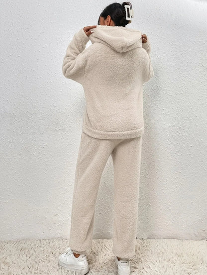 Autumn Winter Fashion Women Casual Hooded Sweatshirt Leg Pants 2 Piece Set Warm Furry Plush Trousers Suit Female Outfit