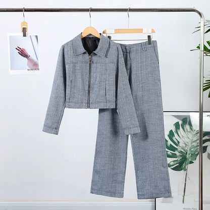 Casual Hosen Set Frauen Baumwolle Leinen Revers Reißverschlüsse Crop Top Gerade Hosen Sets Dame 2025, Herbst Solide Anzug Frau Streetwear