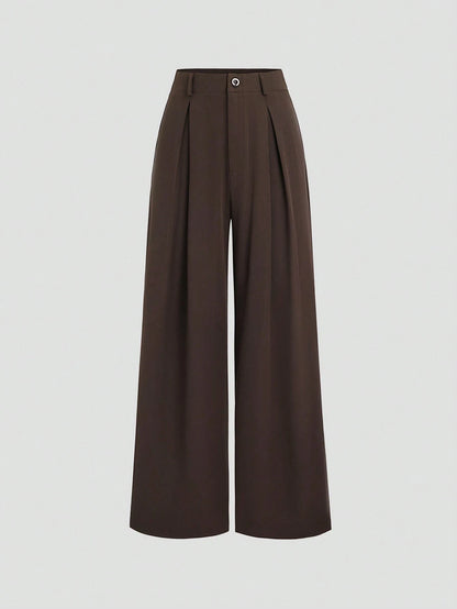 Women's Elegant Jacquard Pleating Wide-Leg Pants Office/Commuting Solid Color Loose Casual Suit Pants, Autumn/Winter