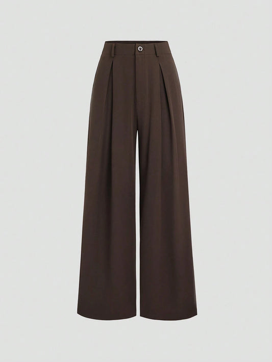 Women's Elegant Jacquard Pleating Wide-Leg Pants Office/Commuting Solid Color Loose Casual Suit Pants, Autumn/Winter