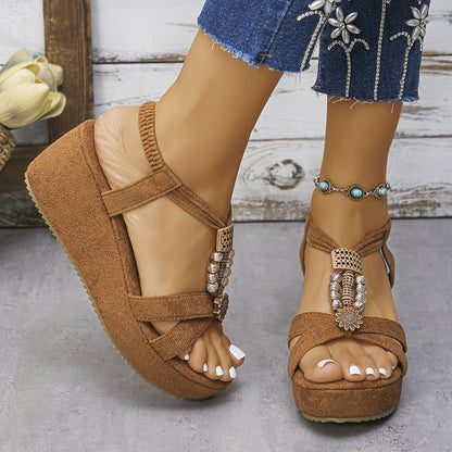 Dames Bohemian Stijl, Wedgesandalen met Dikke Zool en Kralenbandjes, 7 cm Hiel.